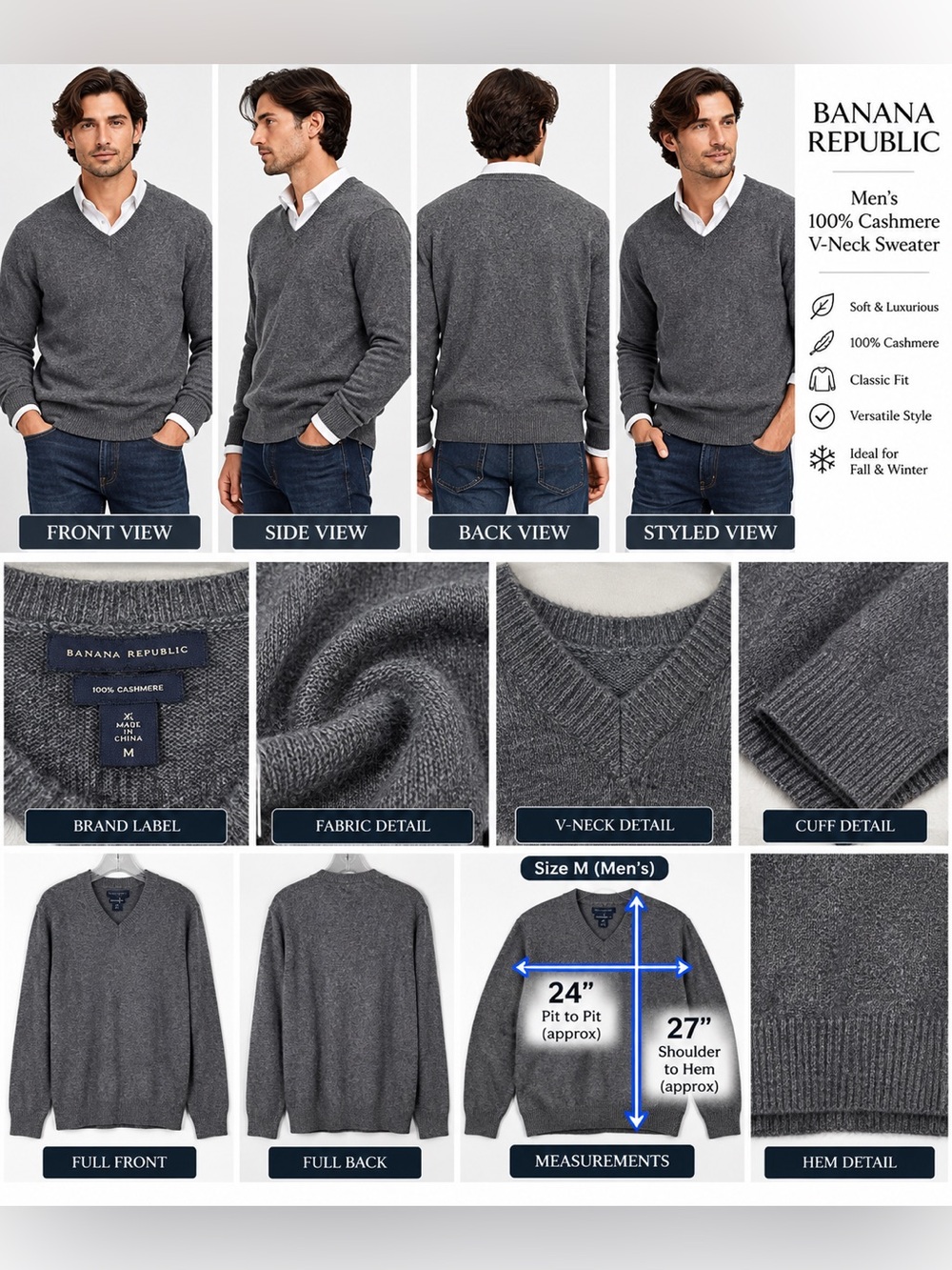 Banana Republic Men’s 100% Cashmere V-Neck Sweater Gray Classic Pullover